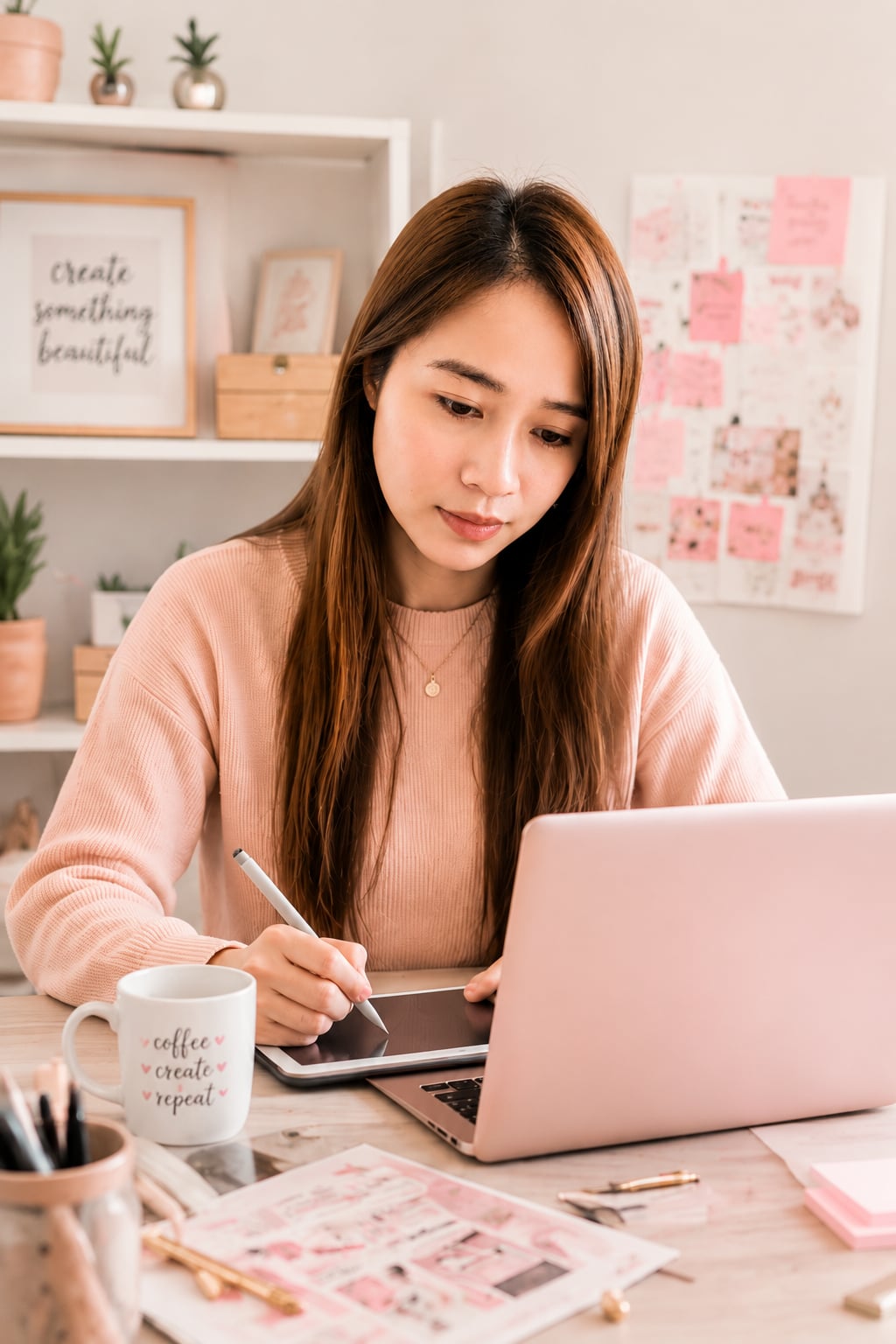 Firenze, the designer behind Artsyhive, working at her desk